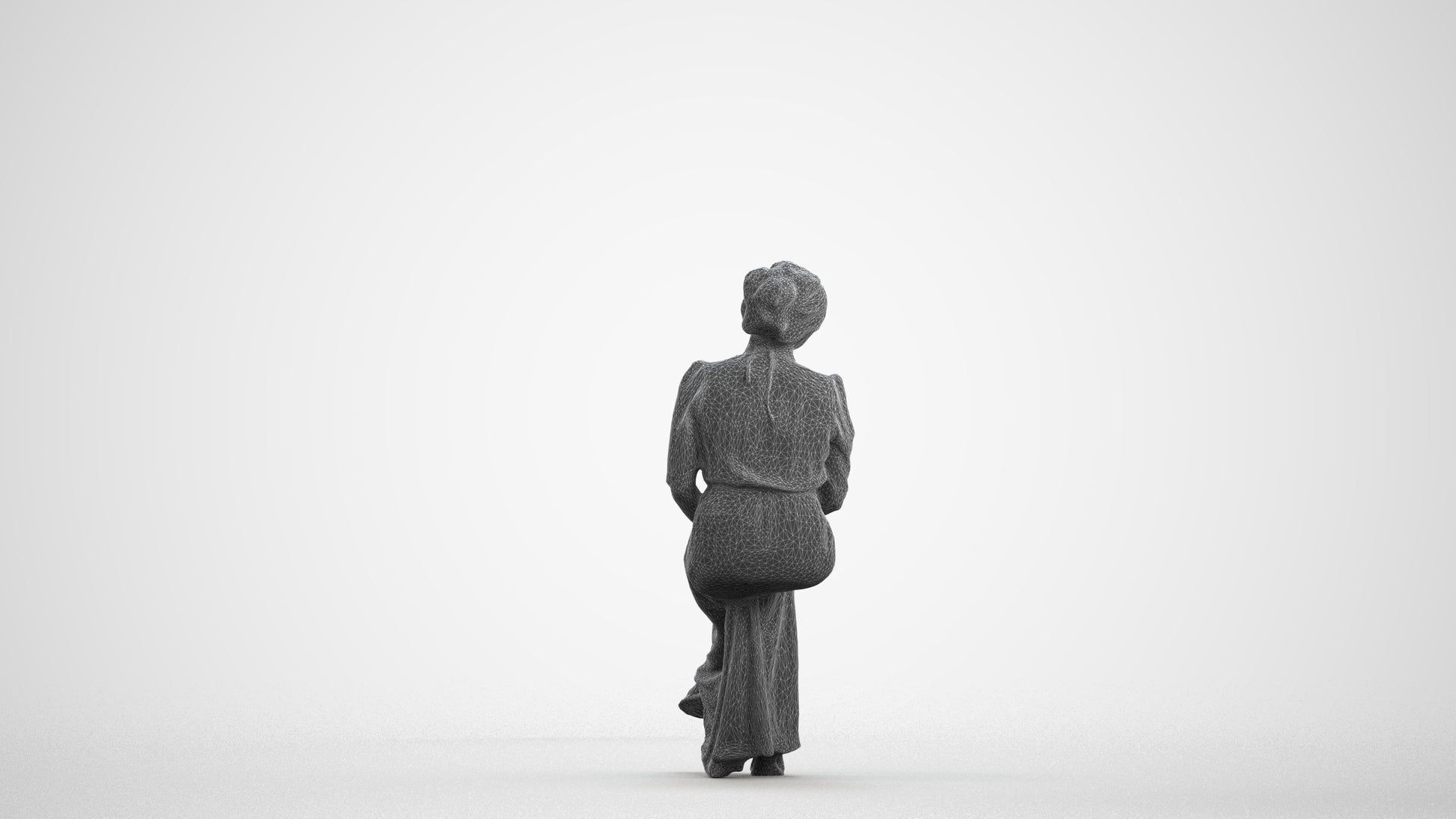 3D scanned woman sitting casual, photorealistic archviz people for Enscape and SketchUp, wireframe front view