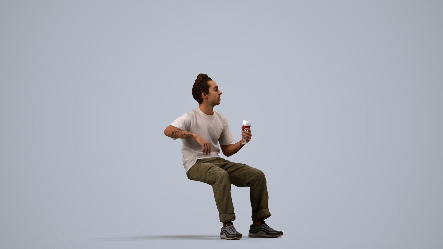 3D human model man casual sitting, photogrammetry scanned person for archviz, side view render