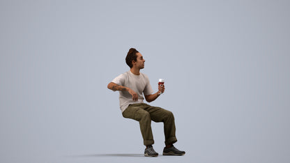 3D human model man casual sitting, photogrammetry scanned person for archviz, side view render
