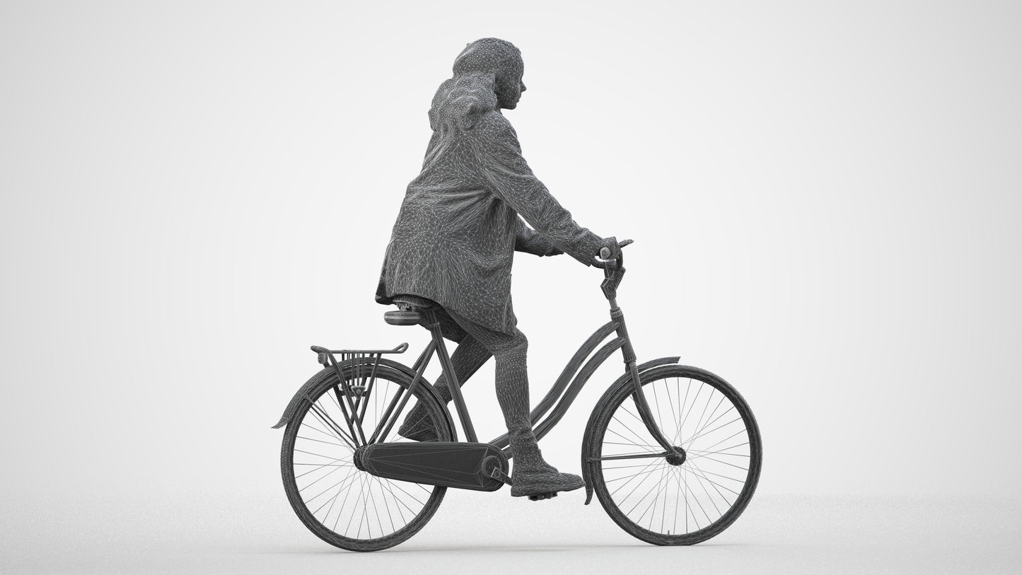 scanned 3D woman casual cycling, photogrammetry people for Enscape and V-Ray, wireframe side view