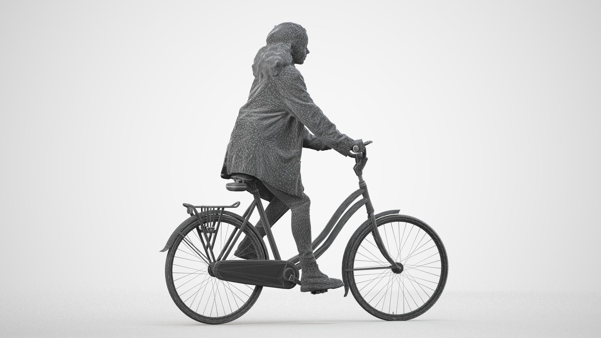 scanned 3D woman casual cycling, photogrammetry people for Enscape and V-Ray, wireframe side view