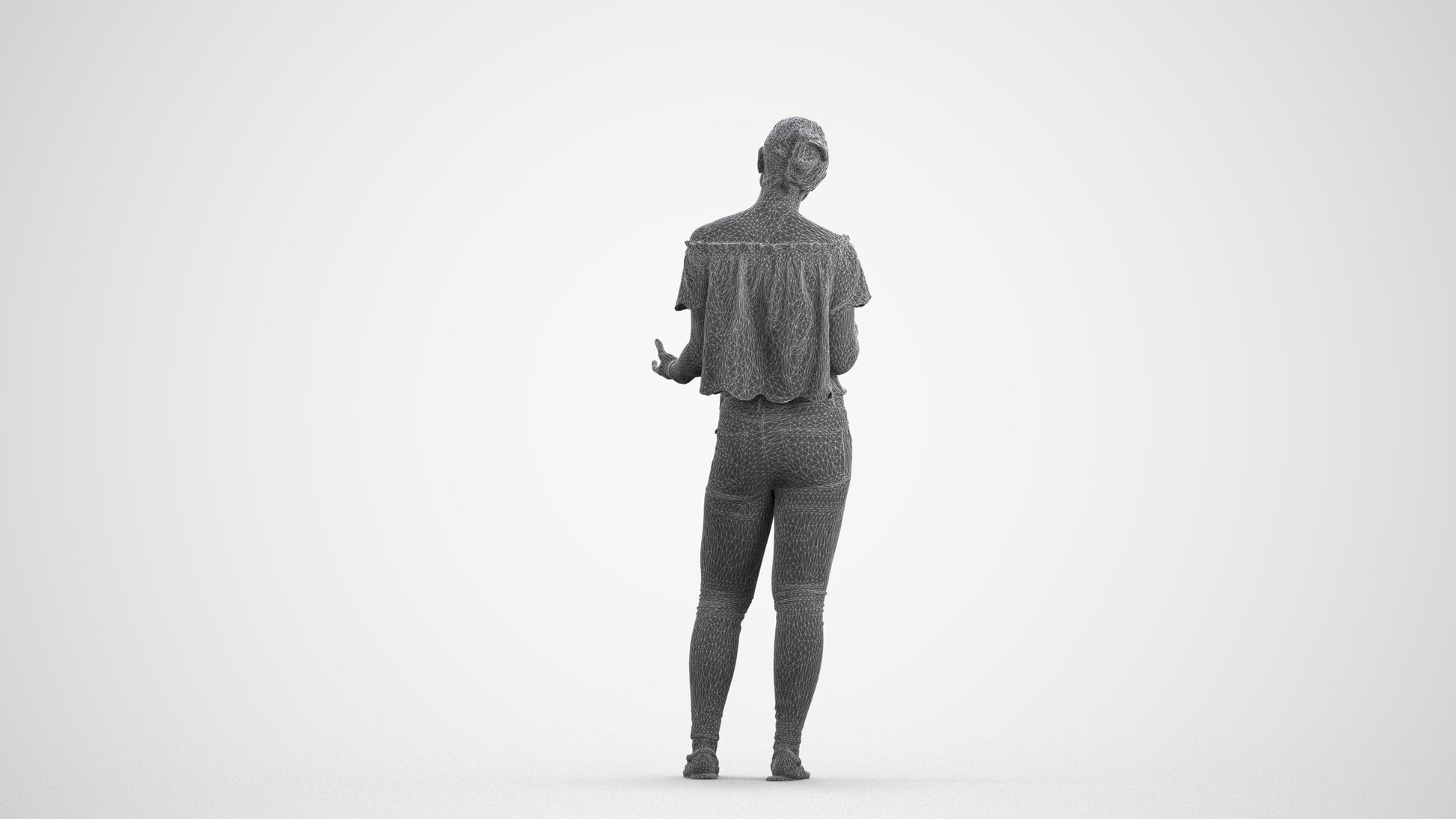 3D scanned woman standing casual, photorealistic archviz people for Enscape and SketchUp, wireframe front view