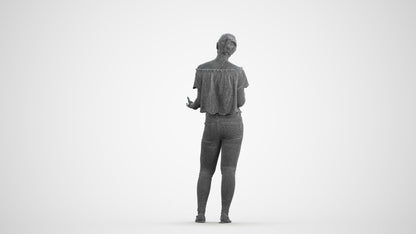 3D scanned woman standing casual, photorealistic archviz people for Enscape and SketchUp, wireframe front view