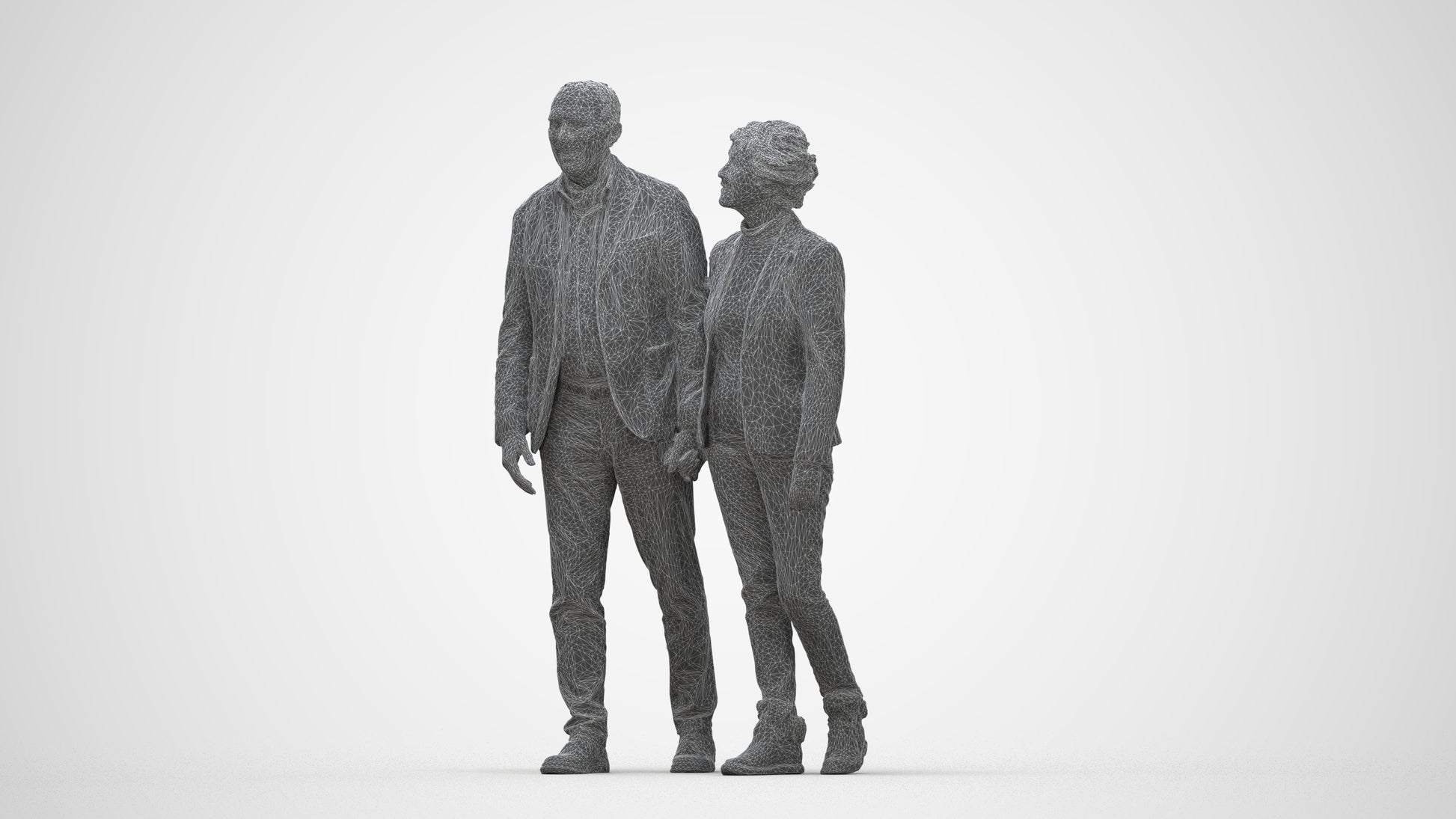 3D people model senior woman casual couple, scanned human for 3ds Max rendering, wireframe back view