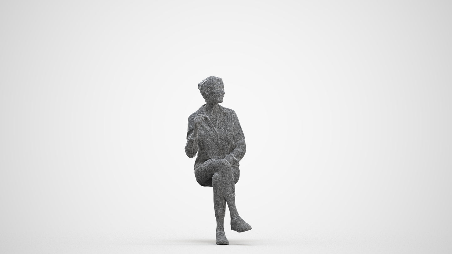 realistic 3D human senior woman casual sitting, archviz people FBX OBJ for Blender, three-quarter front view render