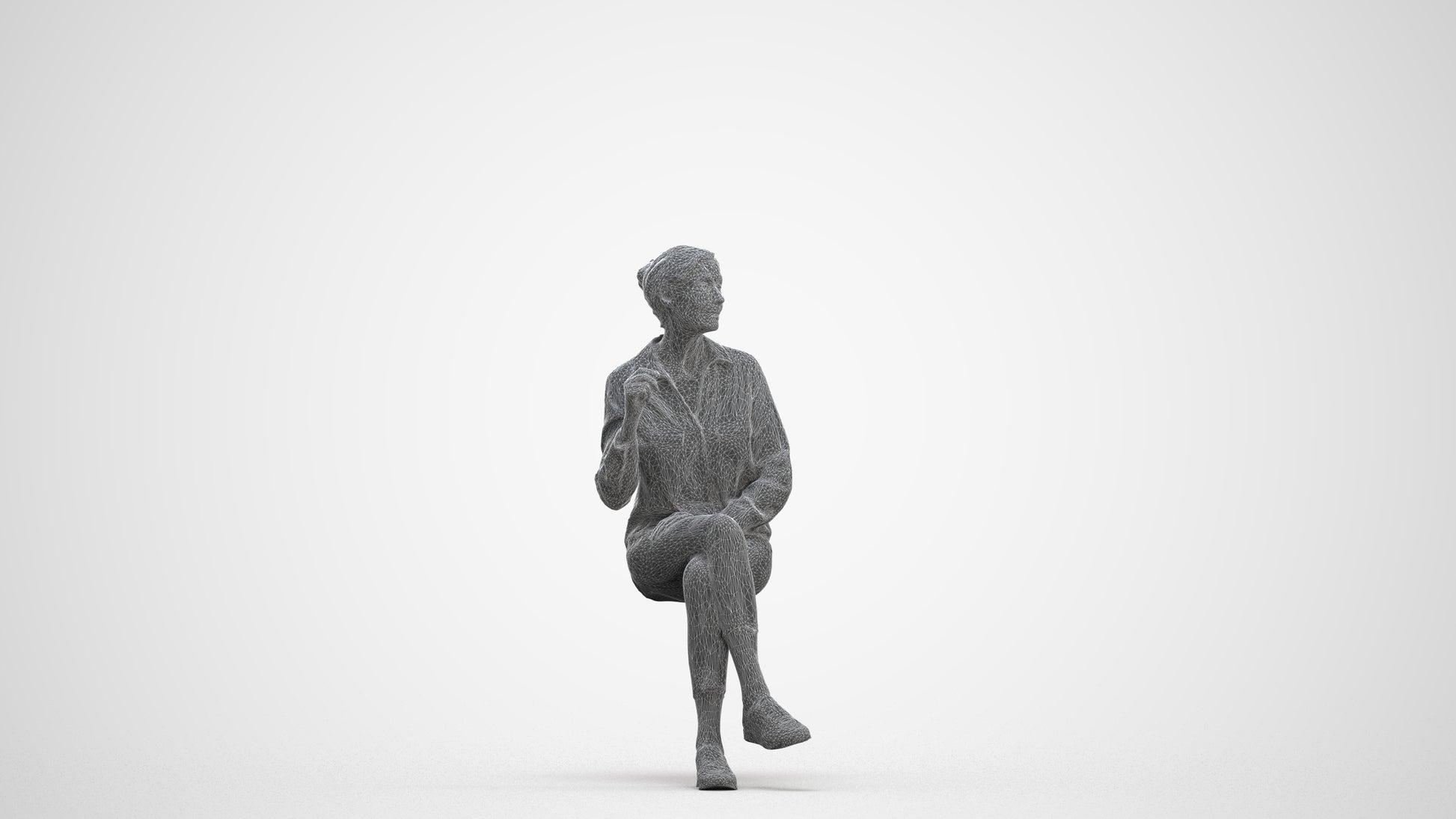 realistic 3D human senior woman casual sitting, archviz people FBX OBJ for Blender, three-quarter front view render