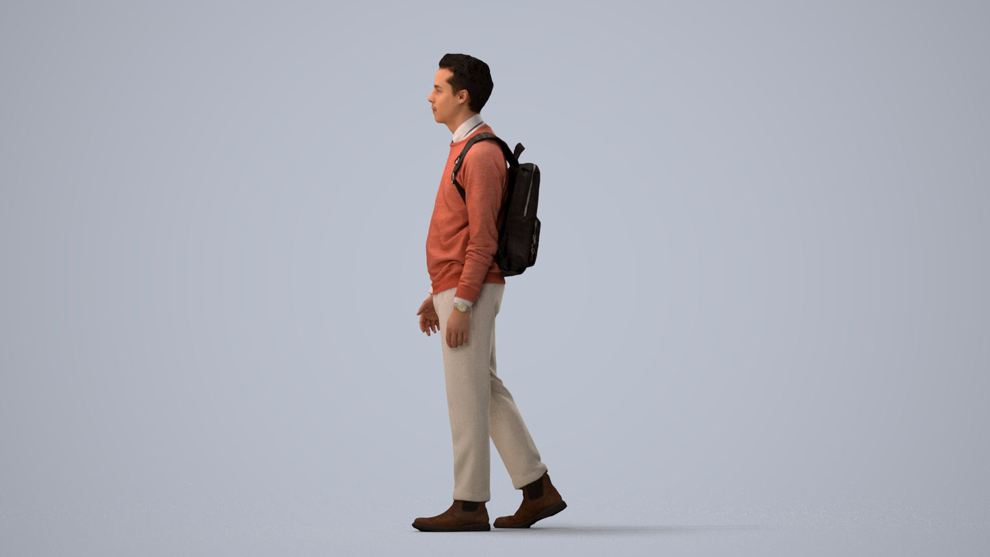 realistic 3D human man casual walking, archviz people FBX OBJ for Blender, three-quarter view render