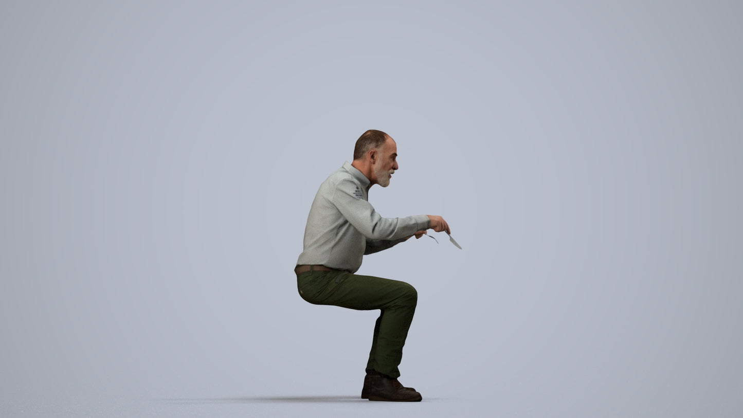 3D human model senior man casual sitting, photogrammetry scanned person for archviz, side view render