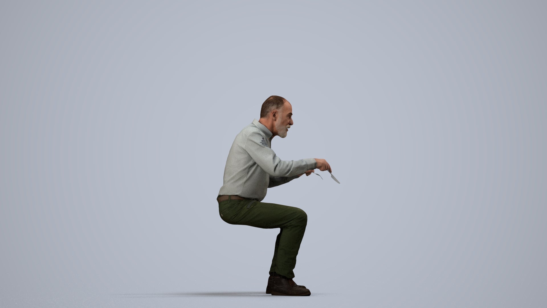 3D human model senior man casual sitting, photogrammetry scanned person for archviz, side view render