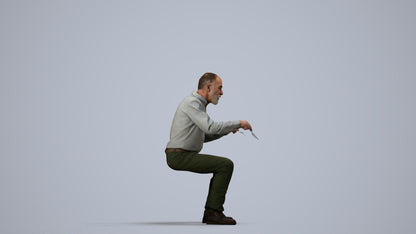 3D human model senior man casual sitting, photogrammetry scanned person for archviz, side view render