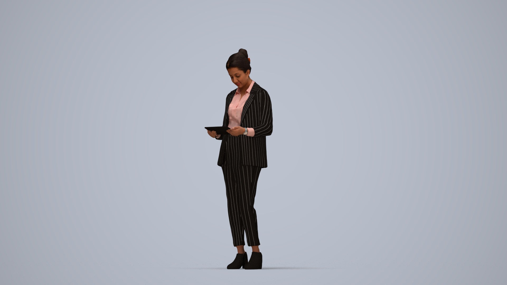 realistic 3D woman business standing, scanned archviz people for Blender and 3ds Max, top-down view render