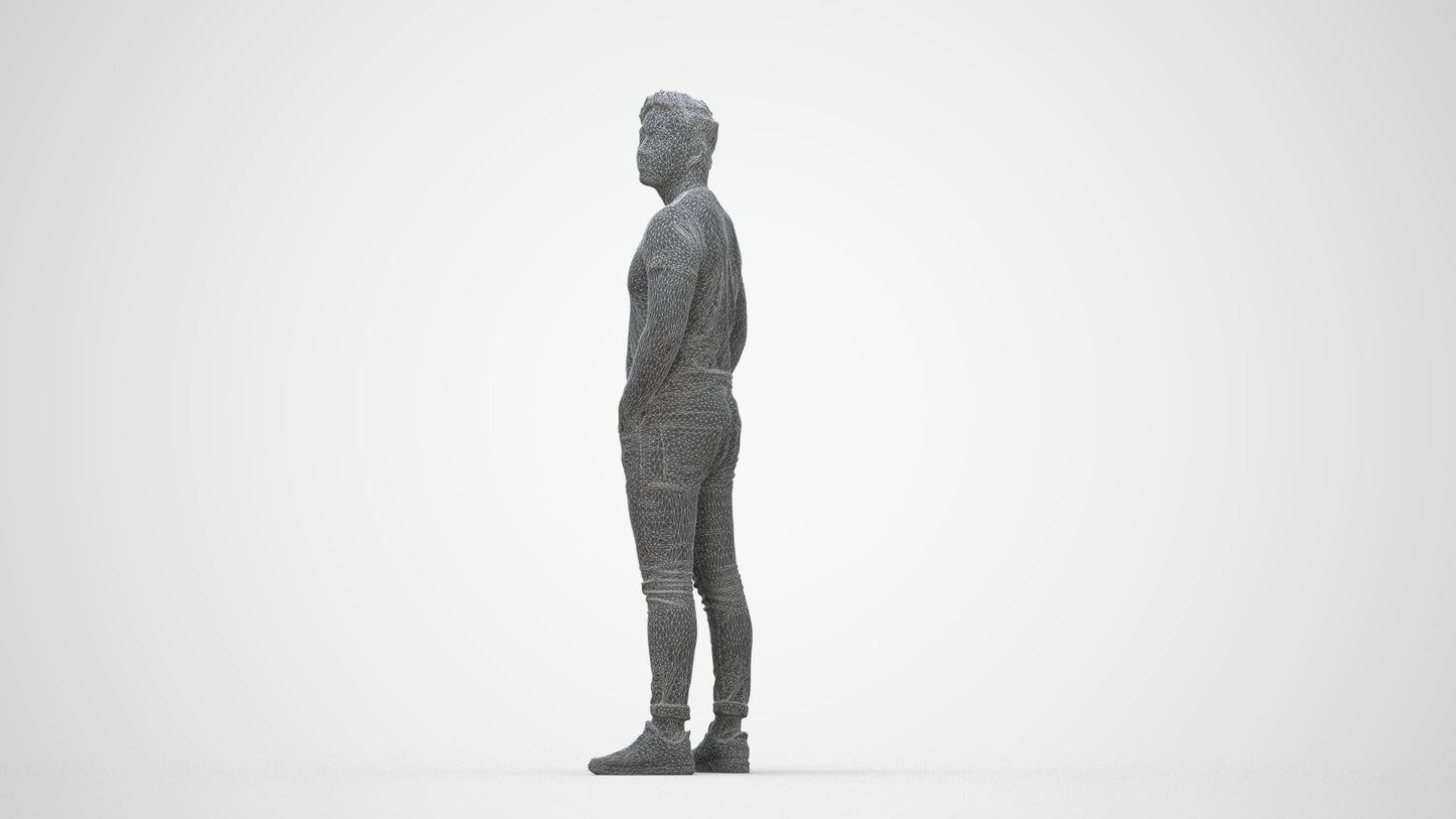 3D people model man casual standing, scanned human for 3ds Max rendering, wireframe back view