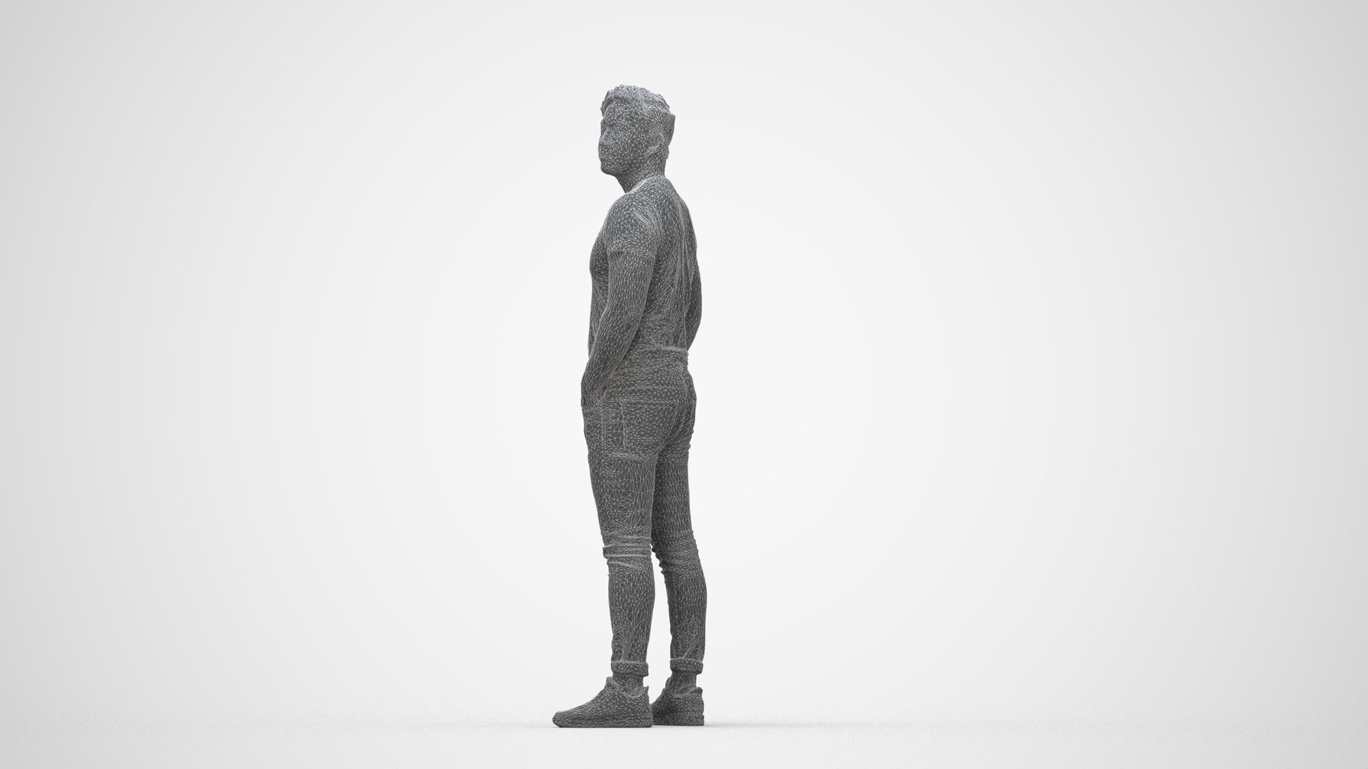 3D people model man casual standing, scanned human for 3ds Max rendering, wireframe back view