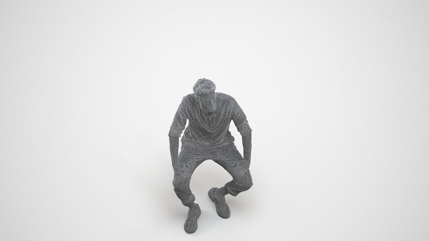 3D human model man casual sitting, photogrammetry scanned person for archviz, wireframe three-quarter view