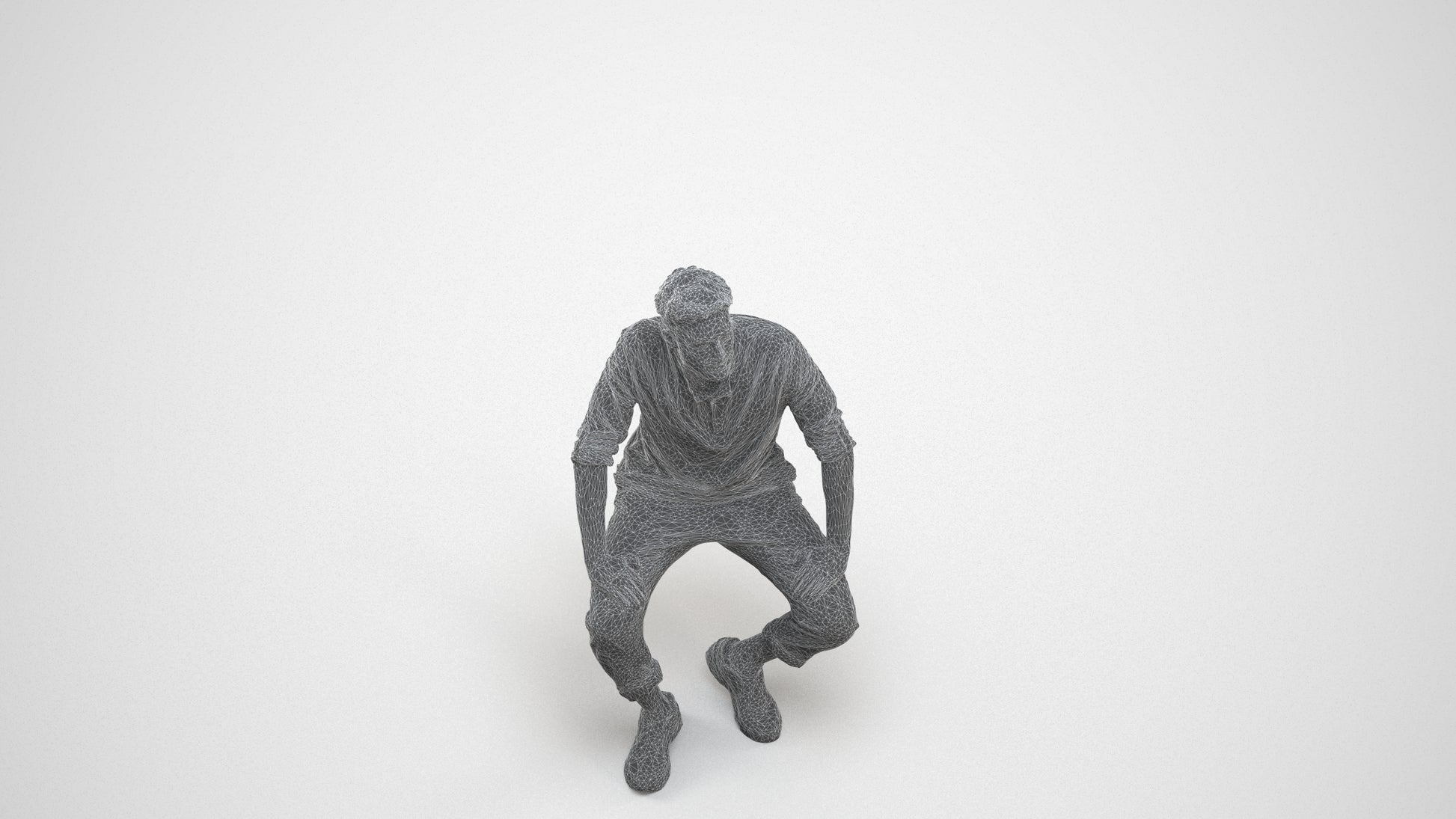 3D human model man casual sitting, photogrammetry scanned person for archviz, wireframe three-quarter view