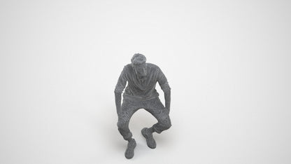 3D human model man casual sitting, photogrammetry scanned person for archviz, wireframe three-quarter view