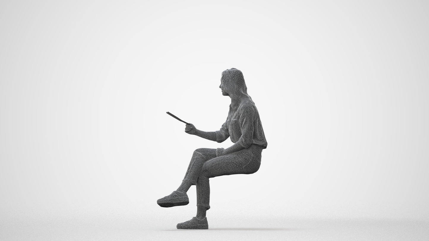 photogrammetry 3D woman casual sitting, realistic human model archviz FBX, square thumbnail
