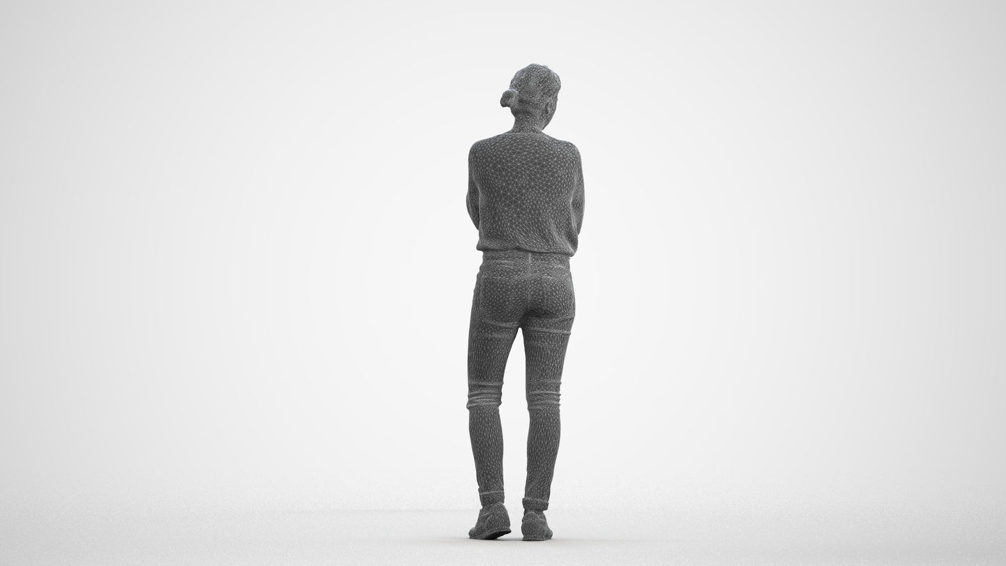 3D human model woman casual standing, photogrammetry scanned person for archviz, wireframe front view