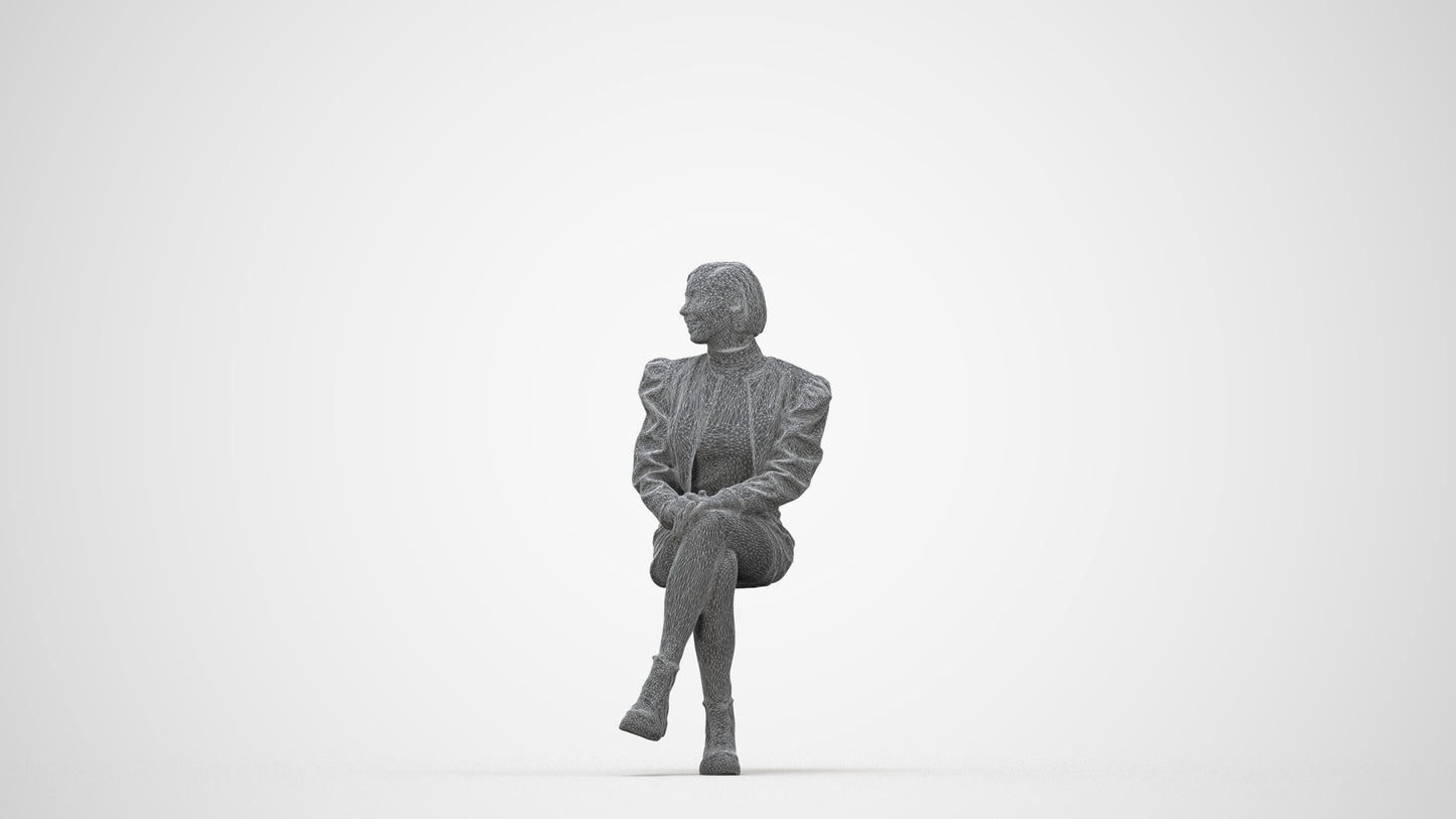 3D people model woman casual sitting, scanned human for 3ds Max rendering, wireframe back view