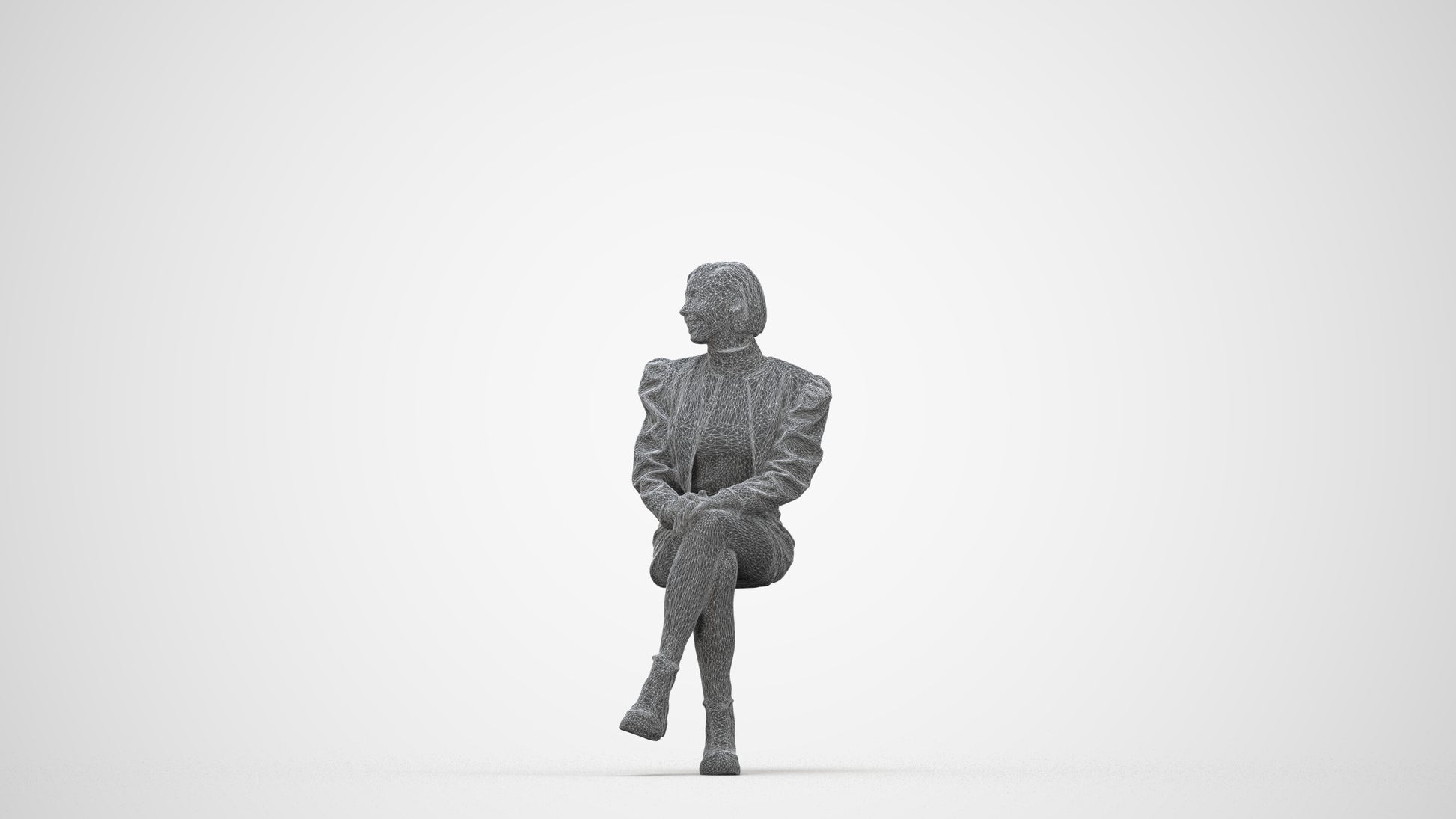 3D people model woman casual sitting, scanned human for 3ds Max rendering, wireframe back view