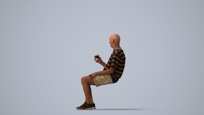 3D human model senior man casual sitting, photogrammetry scanned person for archviz, three-quarter view render