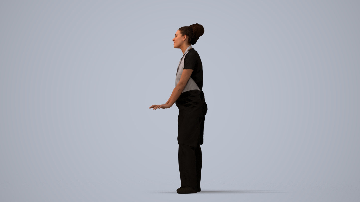 scanned 3D woman hospitality, photogrammetry people for Enscape and V-Ray, three-quarter view render