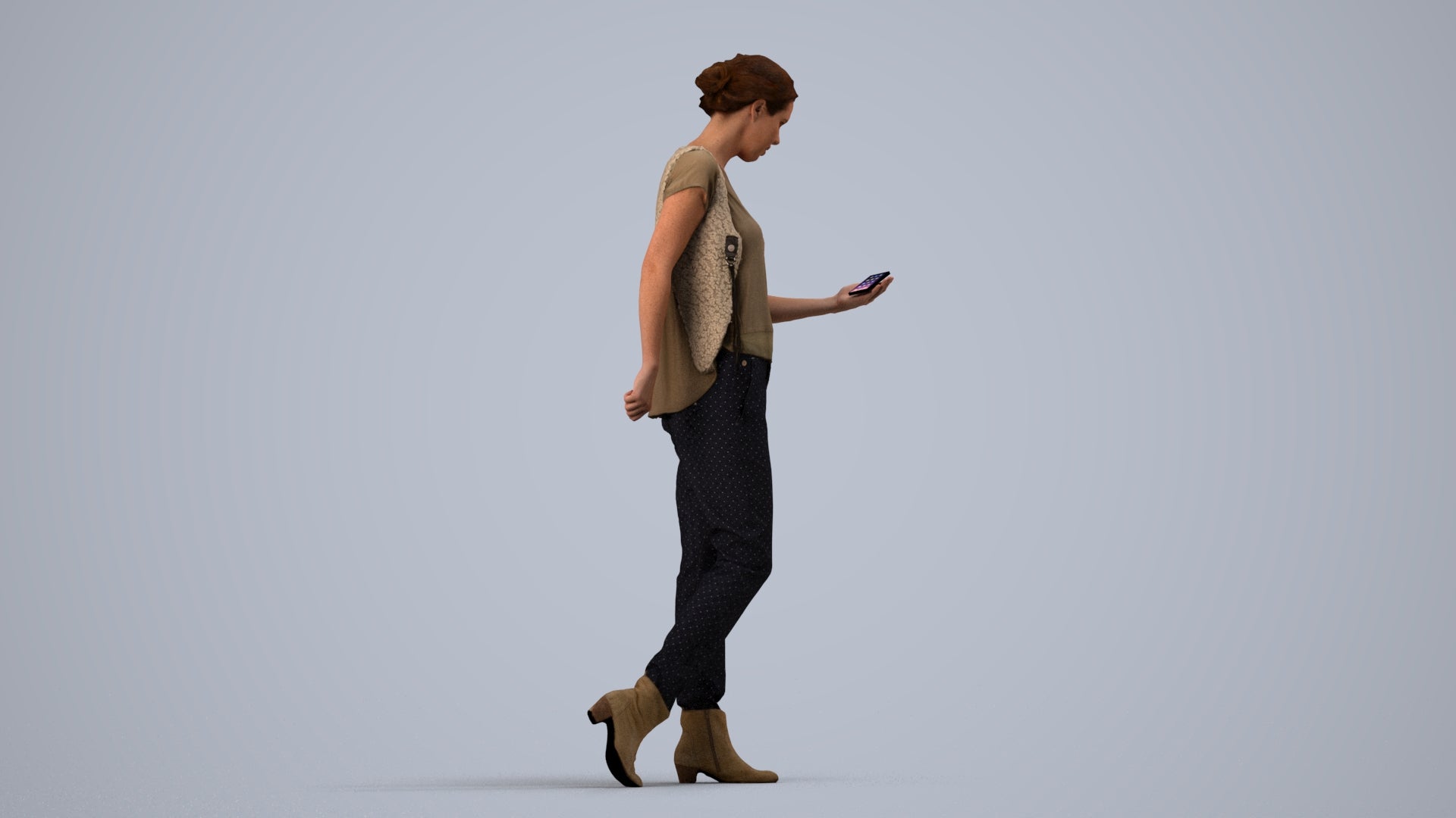 3D scanned woman standing casual, photorealistic archviz people for Enscape and SketchUp, side view render