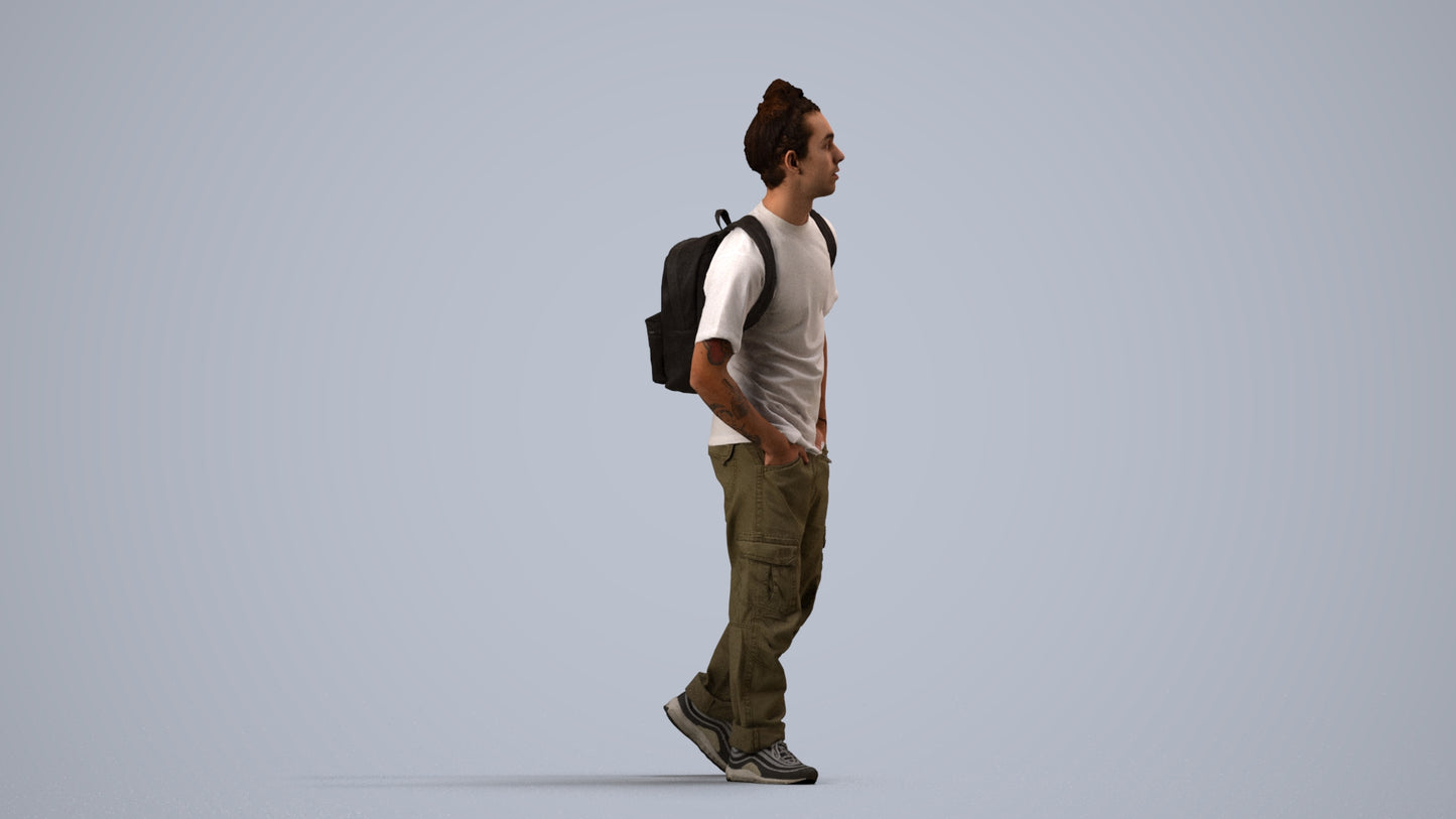 3D human model man casual walking, photogrammetry scanned person for archviz, side view render