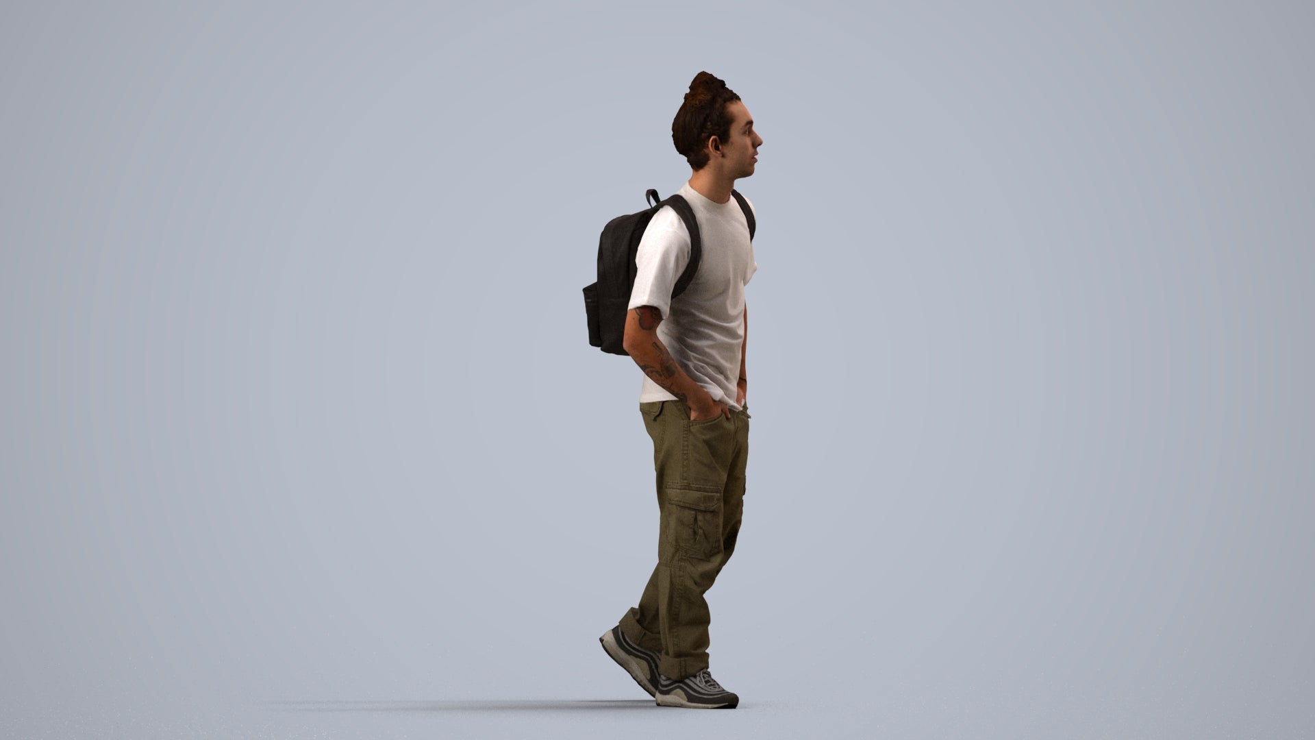 3D human model man casual walking, photogrammetry scanned person for archviz, side view render