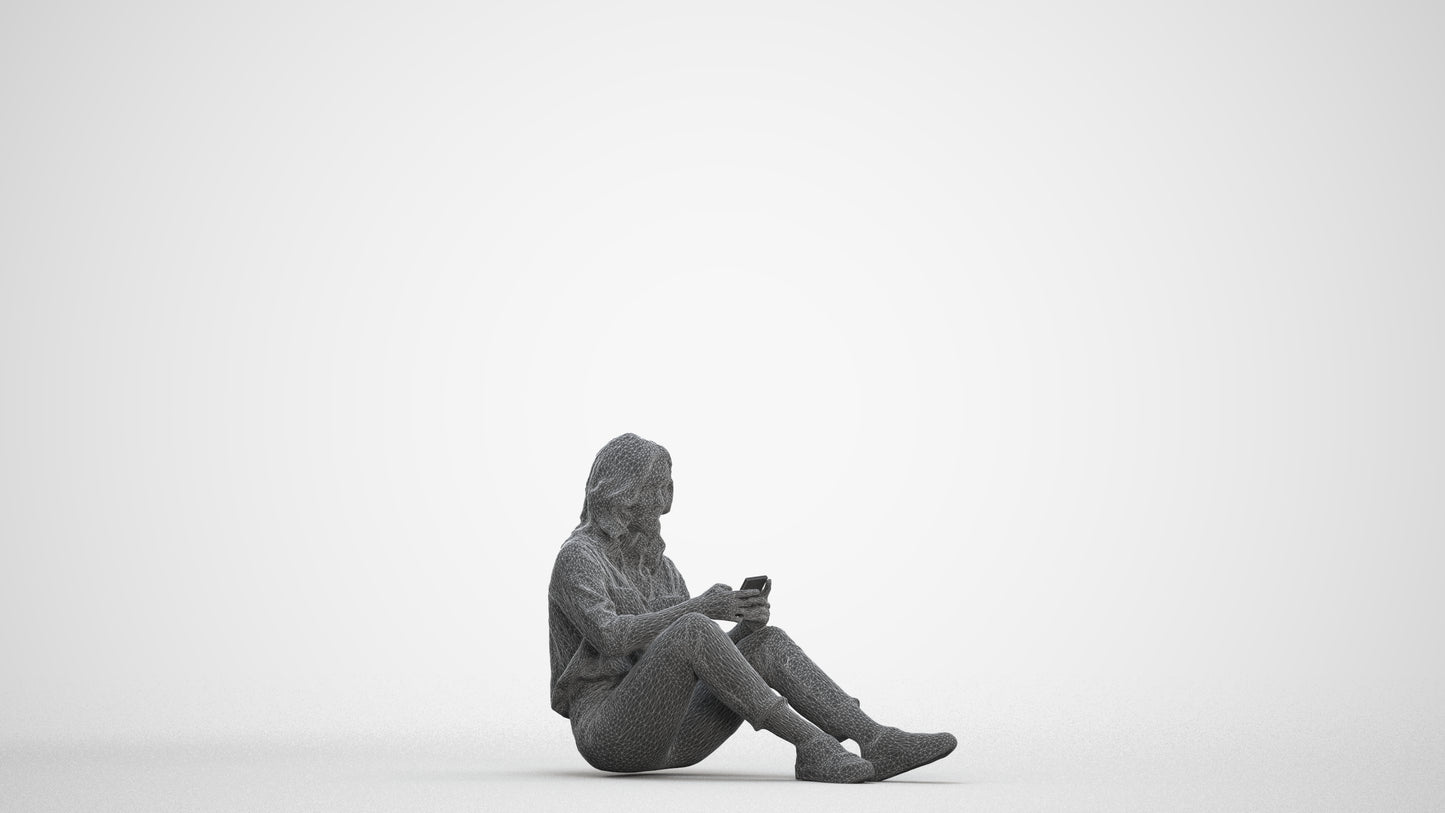 3D people model woman casual sitting, scanned human for 3ds Max rendering, three-quarter front view render
