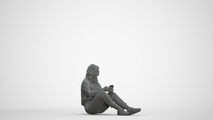 3D people model woman casual sitting, scanned human for 3ds Max rendering, three-quarter front view render