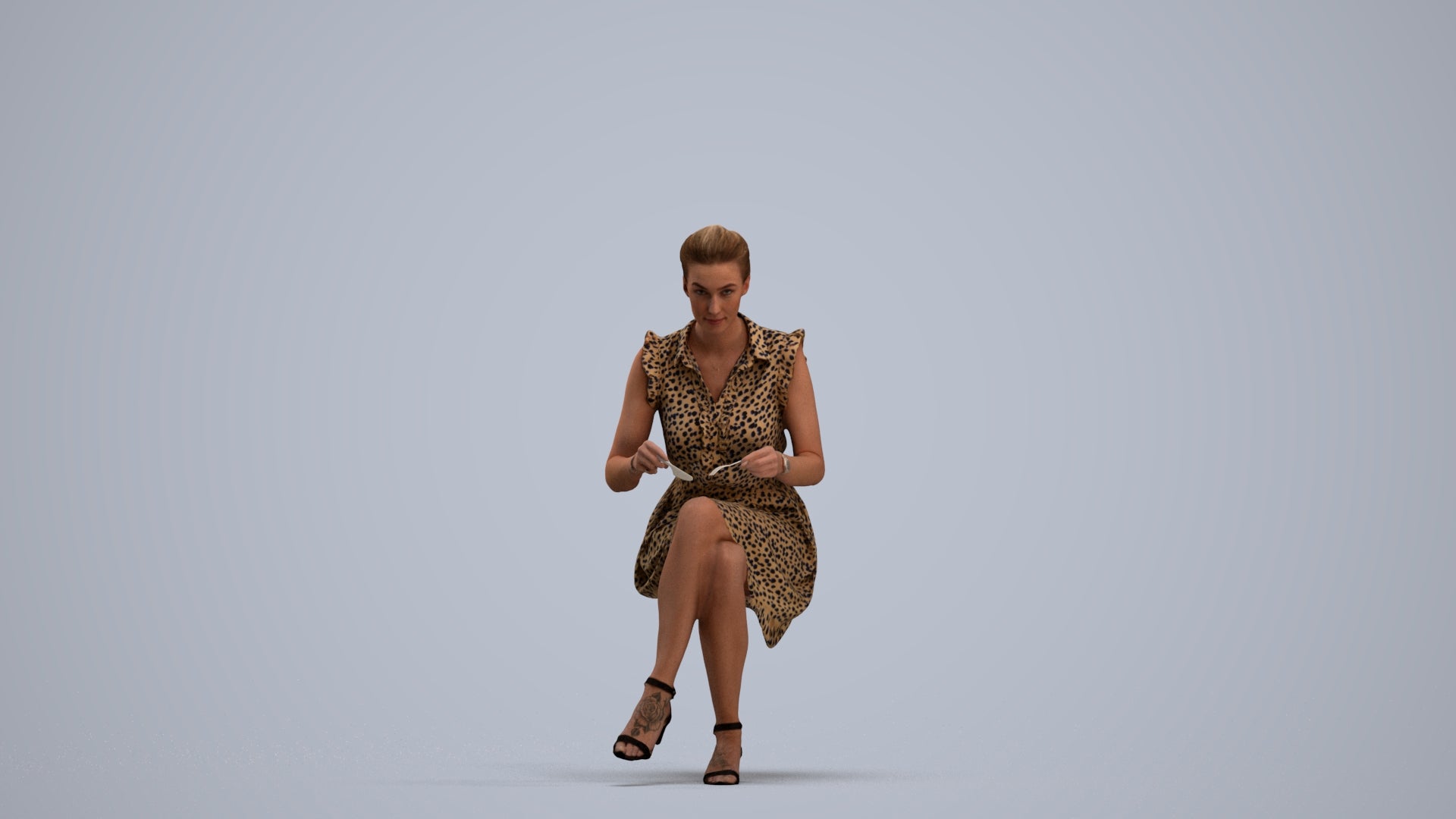 3D scanned woman sitting casual, photorealistic archviz people for Enscape and SketchUp, standing pose render