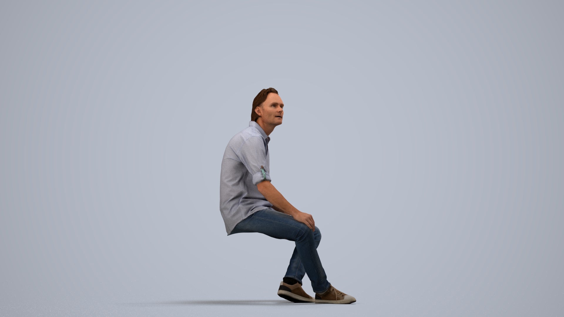 3D scanned man sitting casual, photorealistic archviz people for Enscape and SketchUp, side view render