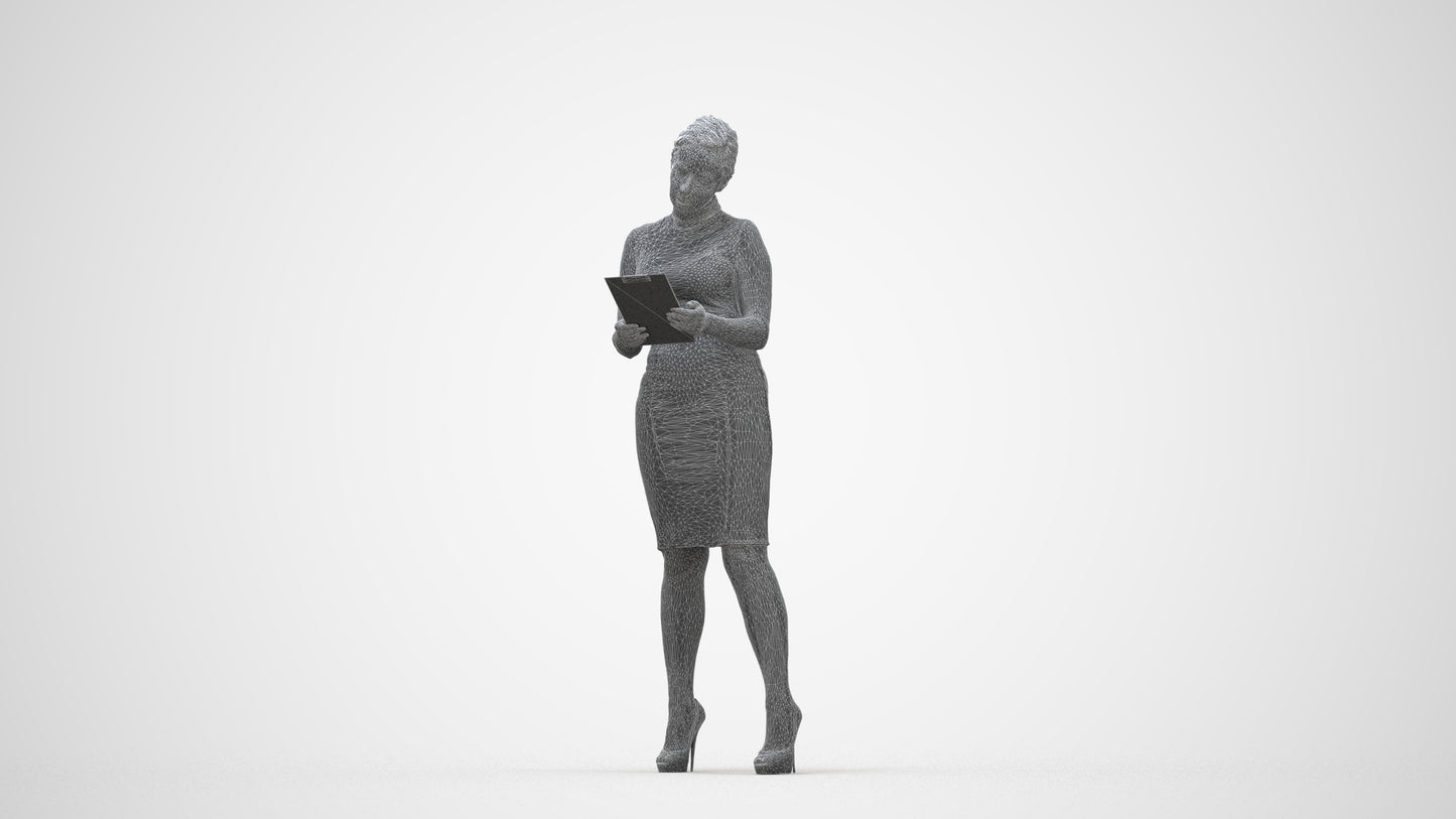 3D scanned woman standing business, photorealistic archviz people for Enscape and SketchUp, wireframe back view
