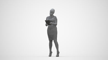 3D scanned woman standing business, photorealistic archviz people for Enscape and SketchUp, wireframe back view