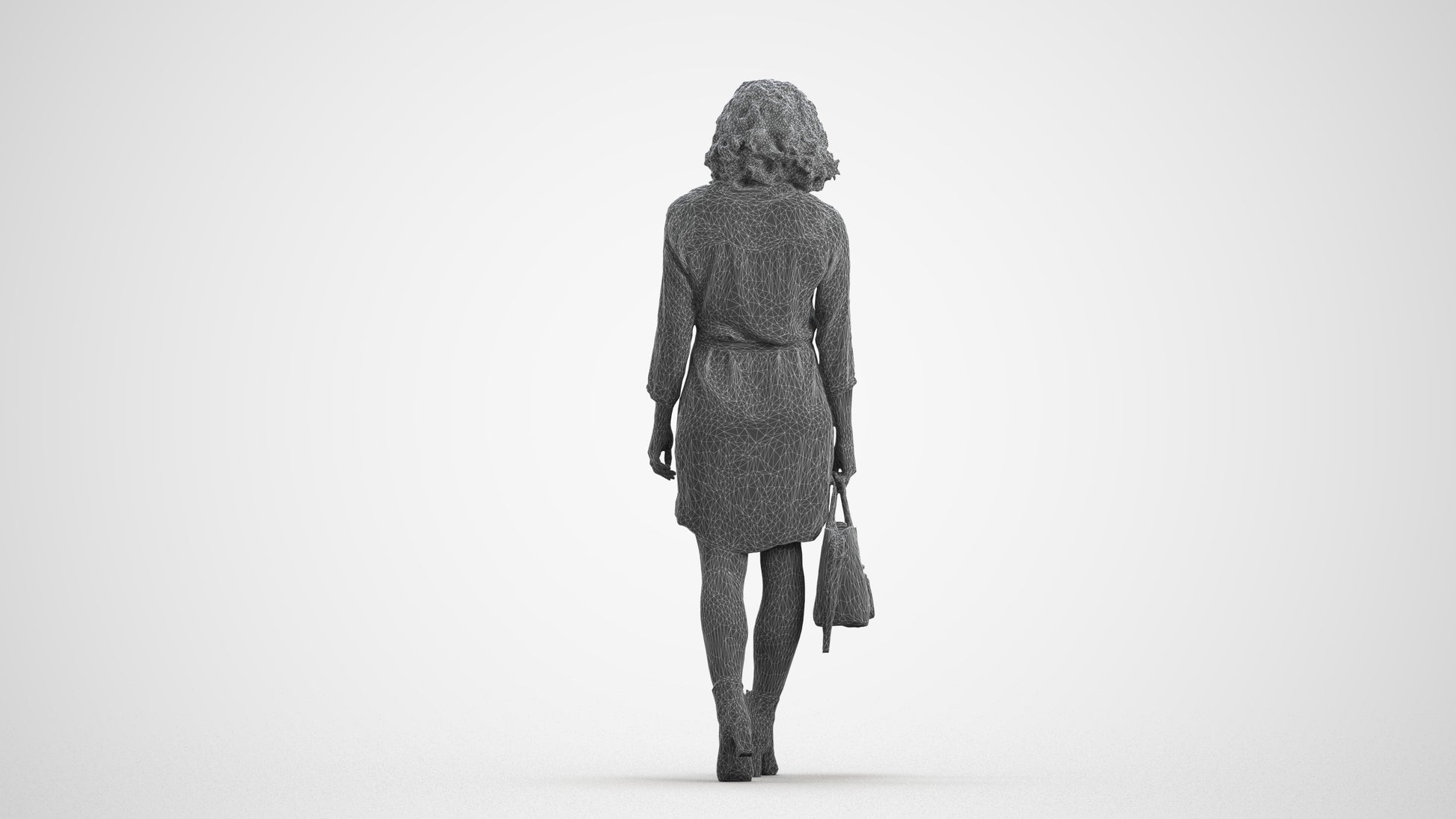 3D scanned woman walking casual, photorealistic archviz people for Enscape and SketchUp, wireframe front view