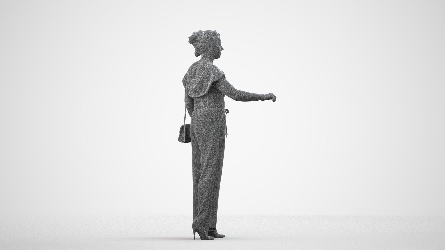 realistic 3D woman casual standing, scanned archviz people for Blender and 3ds Max, wireframe side view
