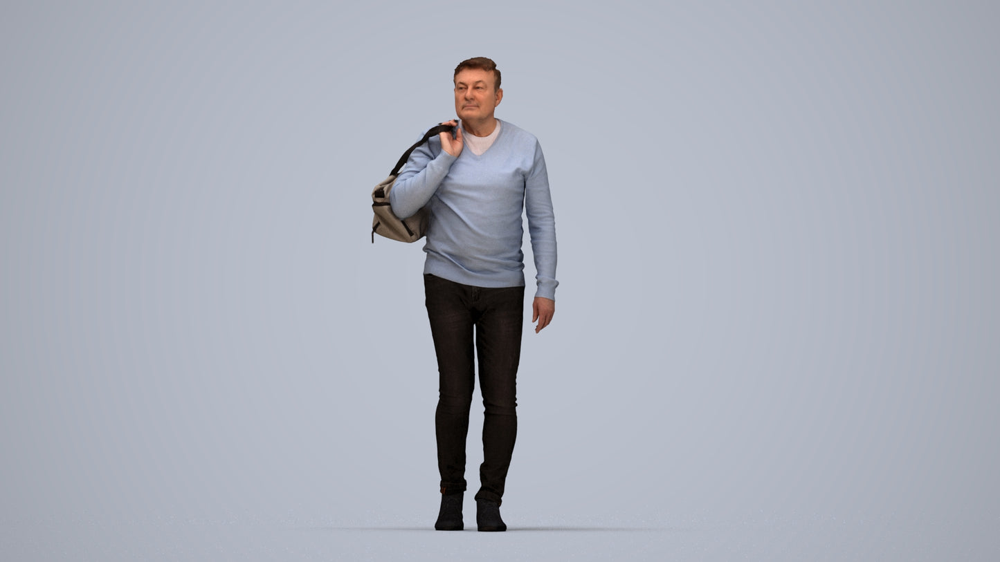 3D people model man casual walking, scanned human for 3ds Max rendering, top-down view render