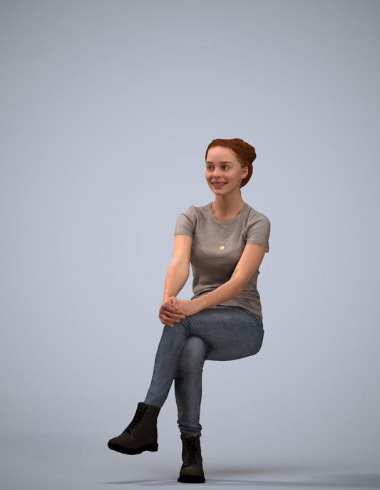 3D human model woman casual sitting, photogrammetry scanned person for archviz