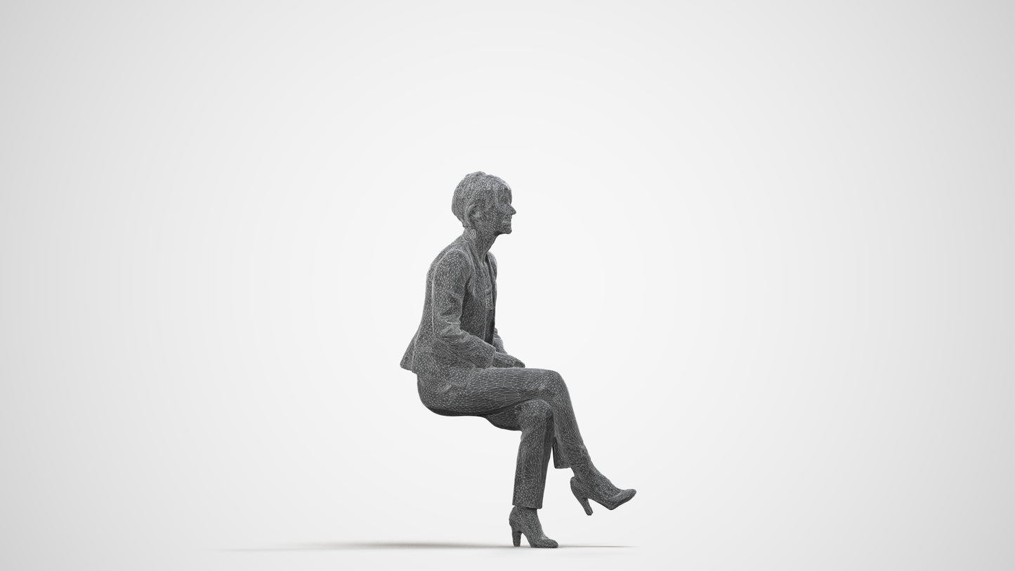 3D human model senior woman business sitting, photogrammetry scanned person for archviz, wireframe side view