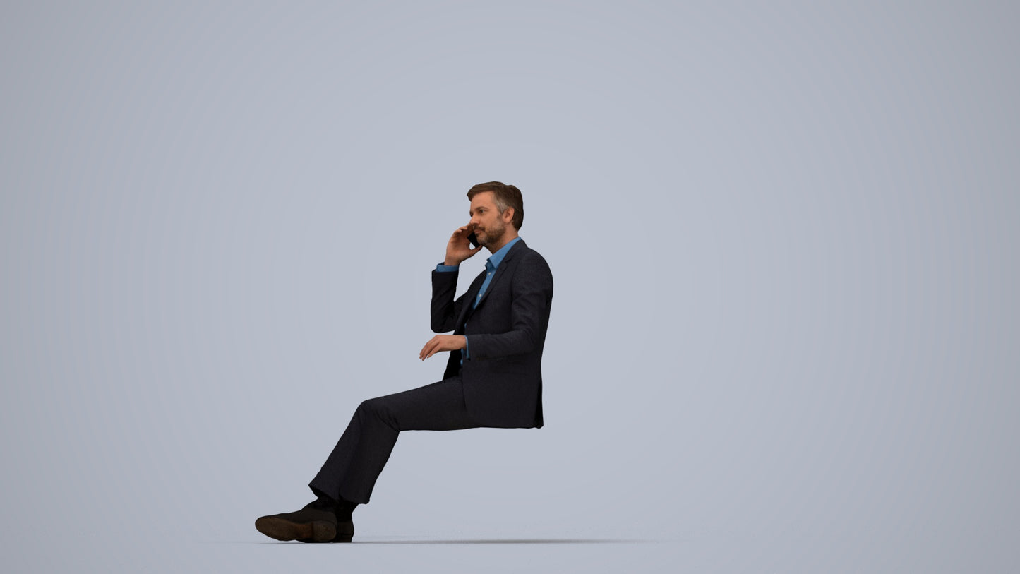 3D human model man business sitting, photogrammetry scanned person for archviz, top-down view render