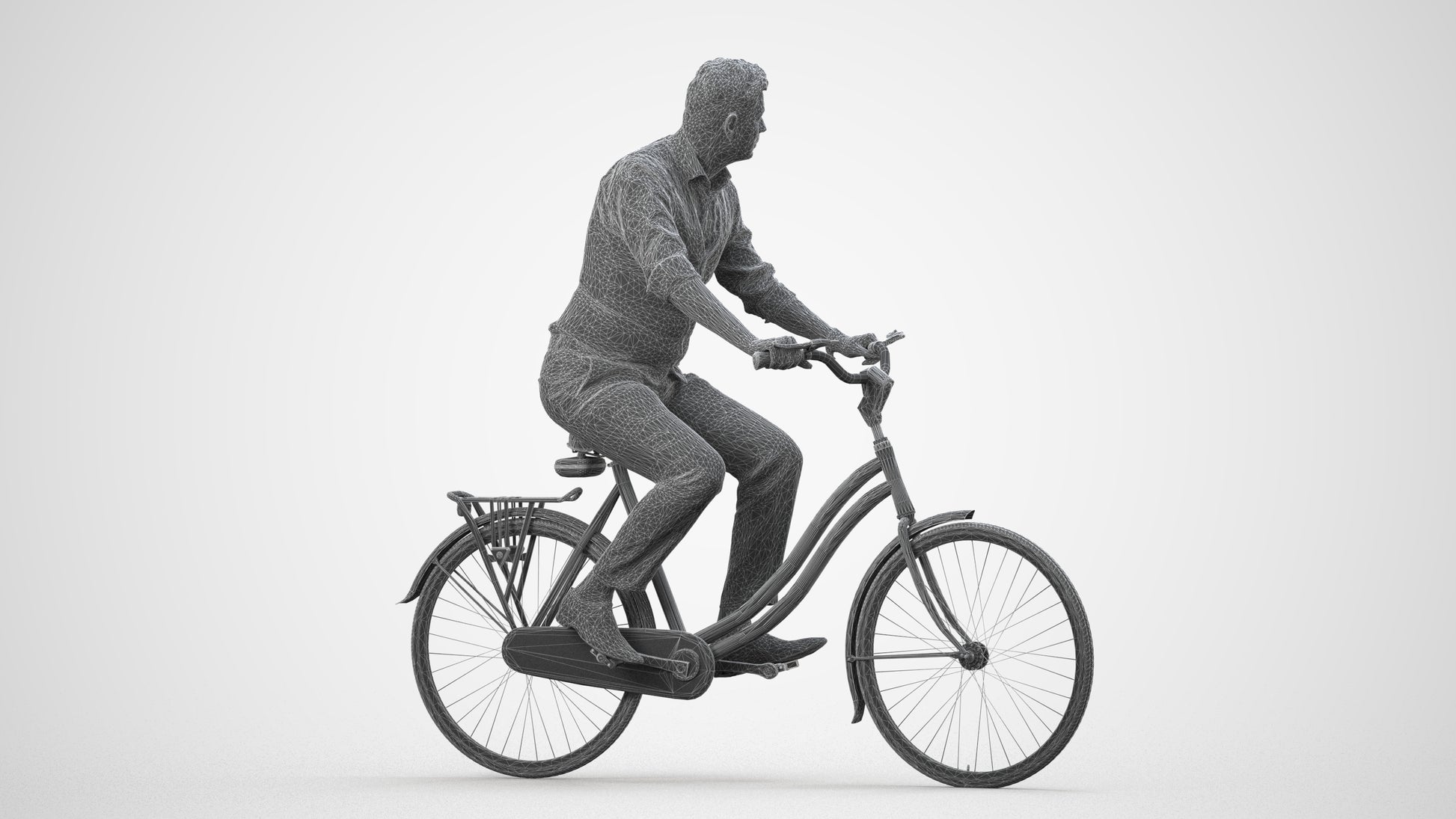 realistic 3D man business cycling, scanned archviz people for Blender and 3ds Max, wireframe side view