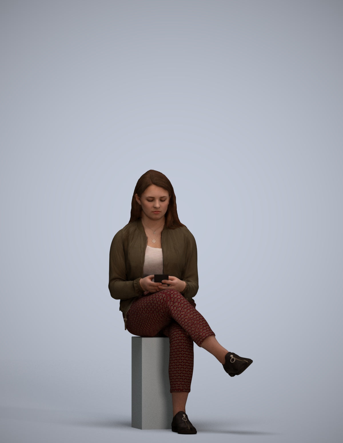 realistic 3D woman casual sitting, scanned archviz people for Blender and 3ds Max