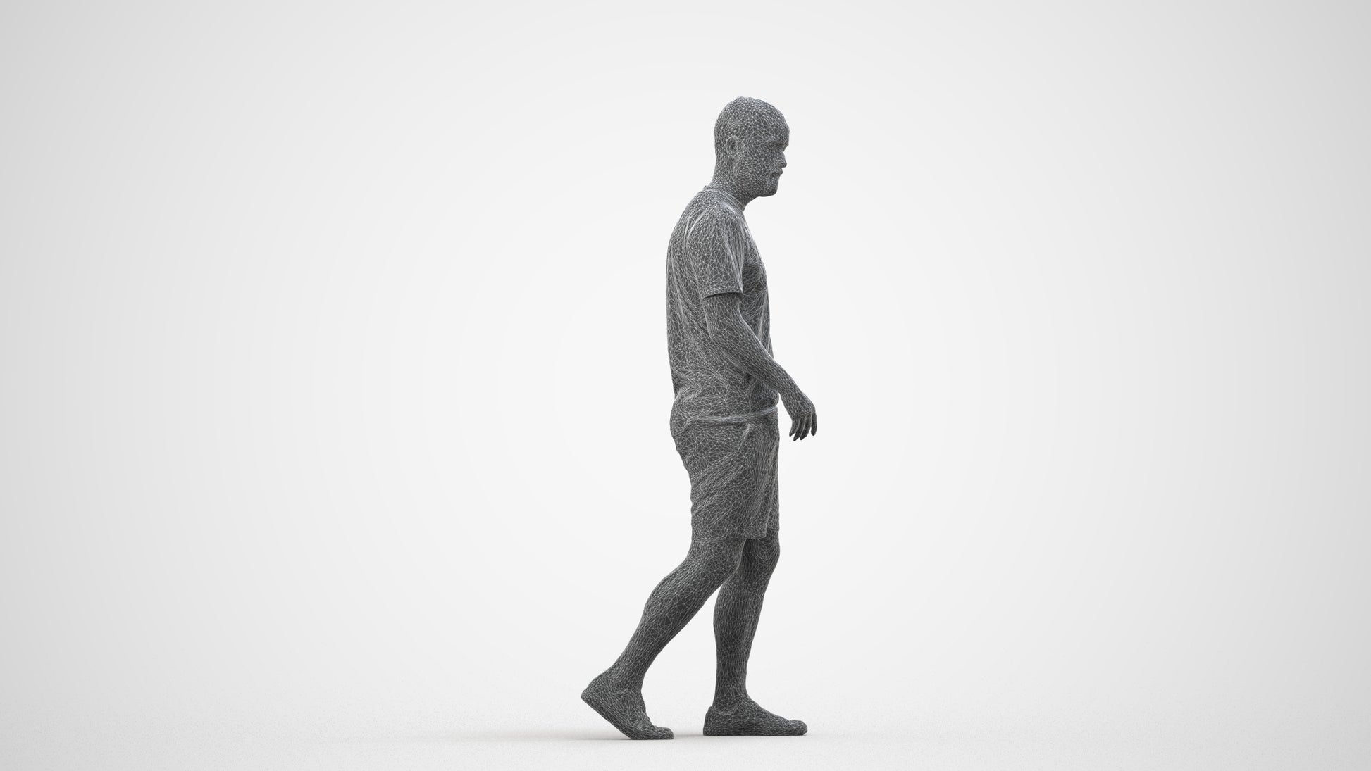 3D scanned man walking casual, photorealistic archviz people for Enscape and SketchUp, wireframe side view