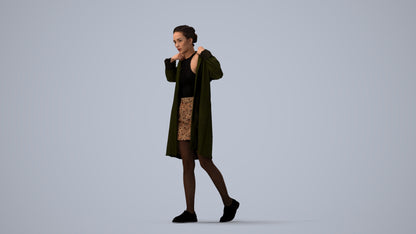 3D human model woman casual walking, photogrammetry scanned person for archviz, three-quarter view render