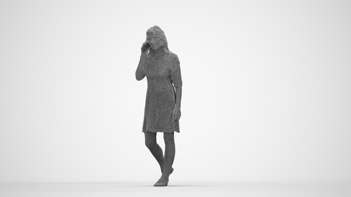 3D human model senior woman casual walking, photogrammetry scanned person for archviz, wireframe back view