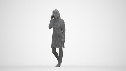 3D human model senior woman casual walking, photogrammetry scanned person for archviz, wireframe back view