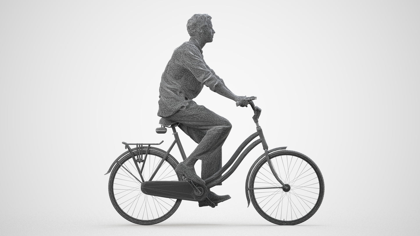 3D scanned man cycling casual, photorealistic archviz people for Enscape and SketchUp, wireframe side view