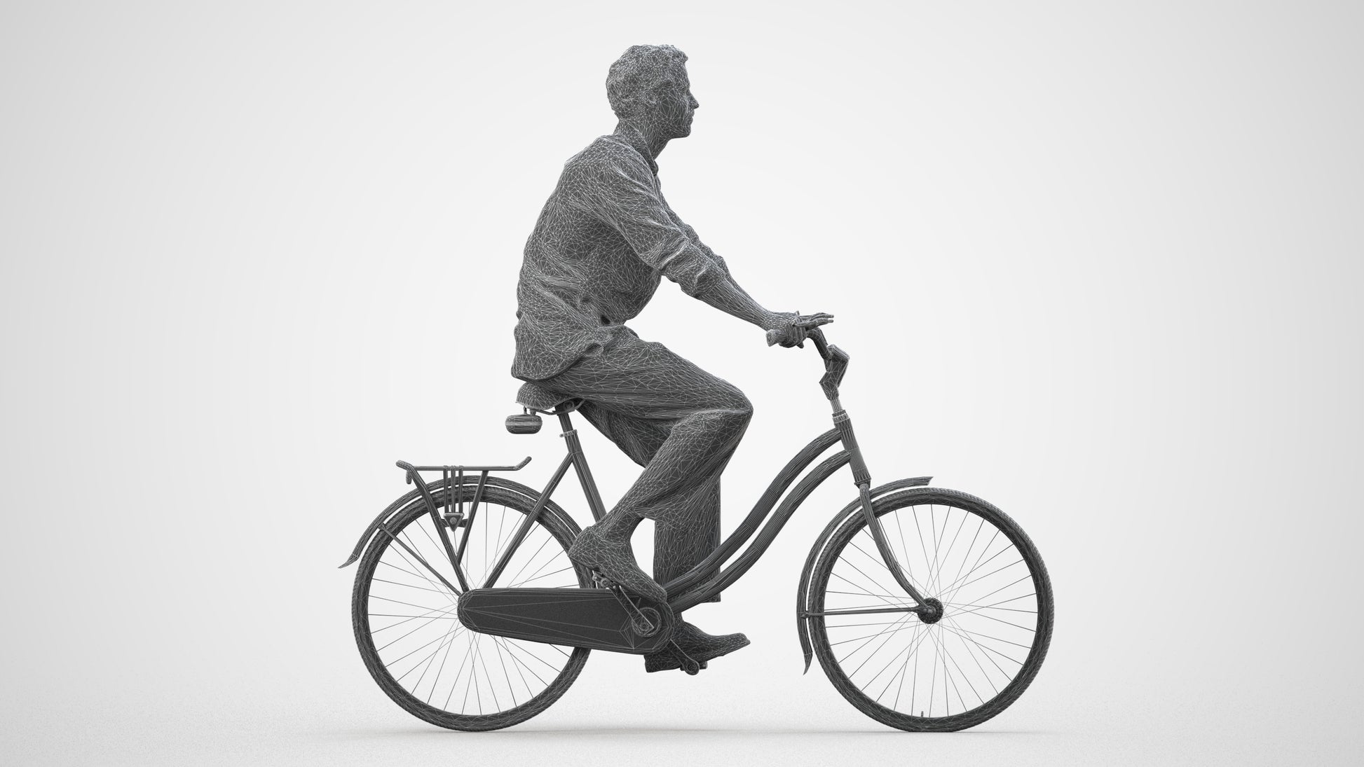 3D scanned man cycling casual, photorealistic archviz people for Enscape and SketchUp, wireframe side view
