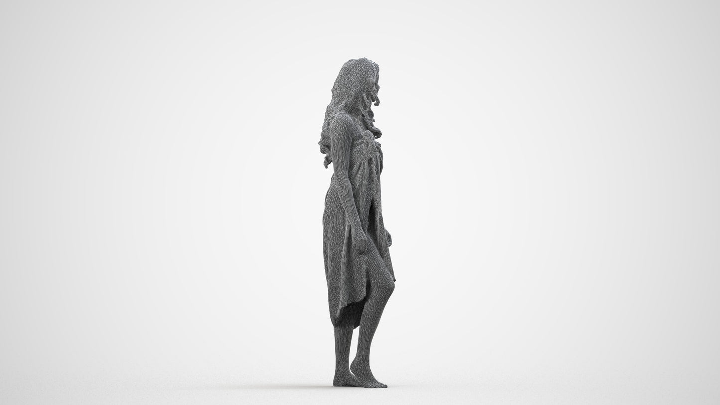 3D human model woman pool, photogrammetry scanned person for archviz, wireframe side view